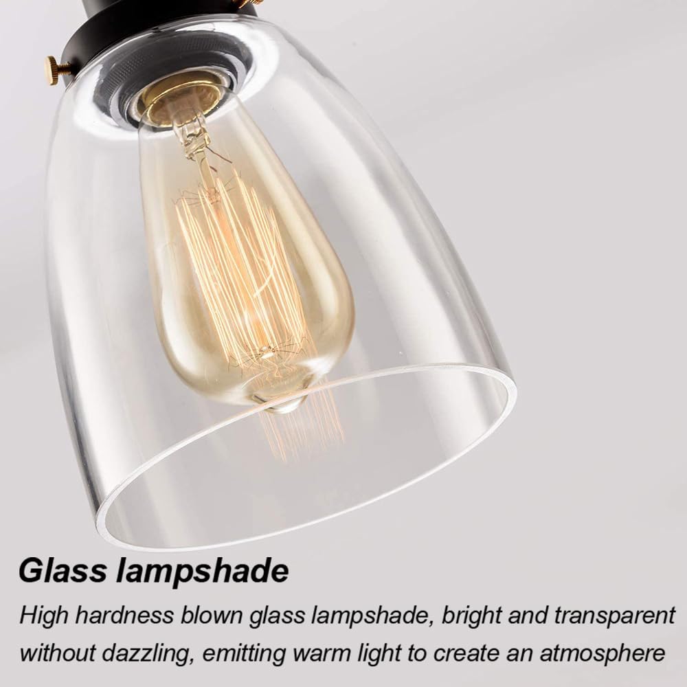 Farmhouse Industrial Pendant Light - Adjustable Hanging Glass Fixture For Kitchen Island, Dining, Bedroom (Matte Black)