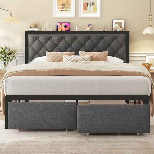 Image of Fluest Queen Bed Frame with 2 Storage Drawers, Upholstered Headboard Button Tufted Bed Frame with Charging Station, No Box Spring Needed, Noise-Free, All Metal Structure, Grey