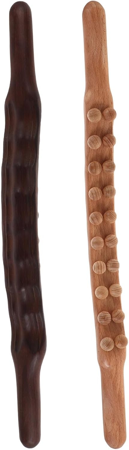 2pcs Carbonized Wooden Massage Stick Roller 20 Dual-Row Beads, Manual Muscle Roller for Body, Legs, and Back Massage, Gua Sha Wood Tool for Home and Salon Use