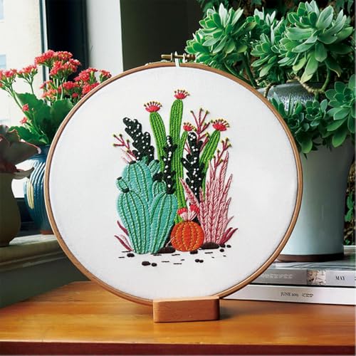 PEKNUX Kit De Matériel De Broderie Diy Cactus Broderie Débutants Faire Point De Croix Tissu Décoration Peinture Suspendue