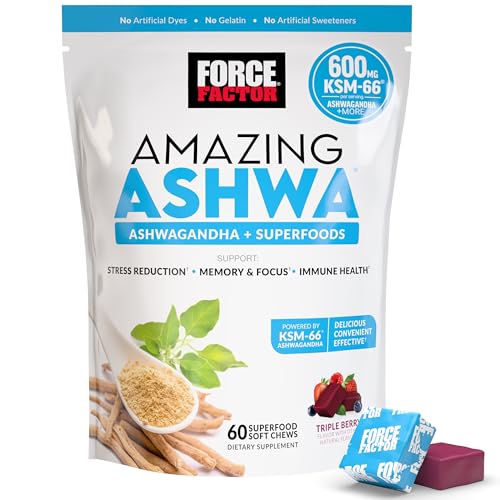 Image of Force Factor Amazing Ashwa, Ashwagandha Supplement for Stress Relief | Memory, Focus, and Immune Support Health with KSM-66 Ashwagandha for Stress, 60 Soft Chews