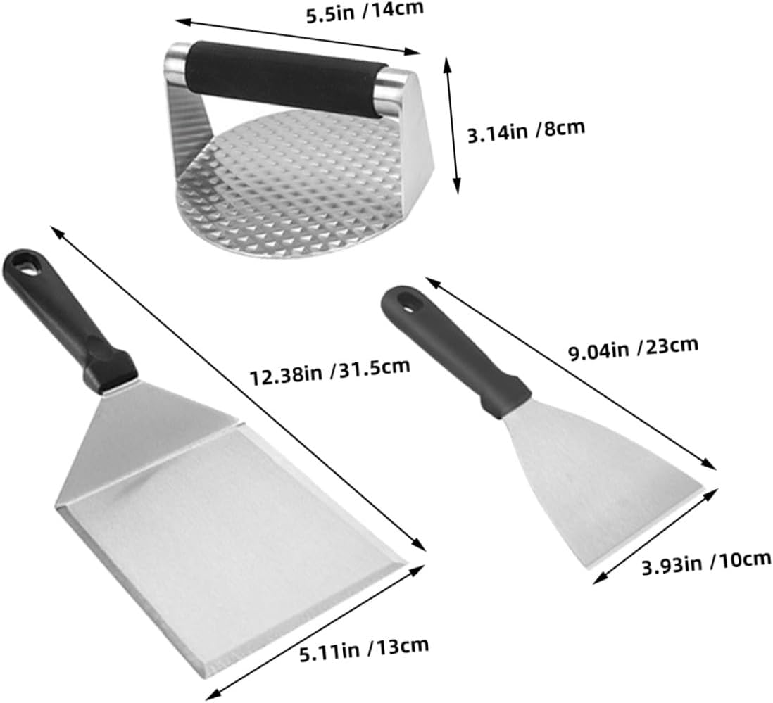 Stainless Steel BBQ Tool with Burger Press Multi-Function Spatula and Pastry Basting Brush for Outdoor Grilling Camping High-Temperature Resistant Cooking Accessories with