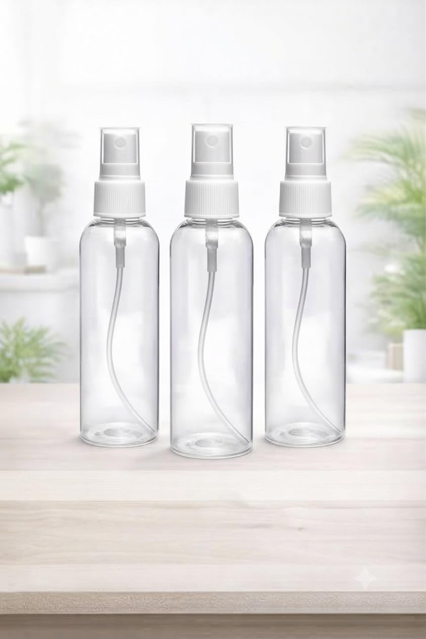 clear empty spray bottle 100 ml, pack of 3,clear refillable plastic mist bottle for travel,perfume,rose water and skincare
