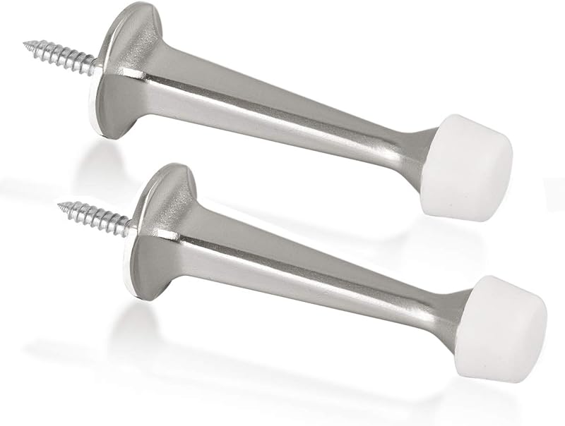 2 Pack Solid Rigid Door Stops - Heavy Duty Door Stoppers Wall Protector with Soft Rubber Tips, Satin Nickel