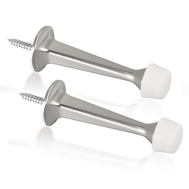 2 Pack Solid Rigid Door Stops - Heavy Duty Door Stoppers Wall Protector with Soft Rubber Tips Satin