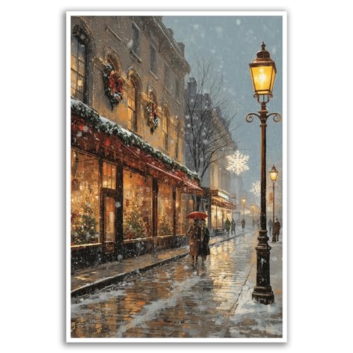 vjfkskuey Romantic winter Christmasn Christmas street scene wall art snow scene holiday joint night print poster travel festive decor art