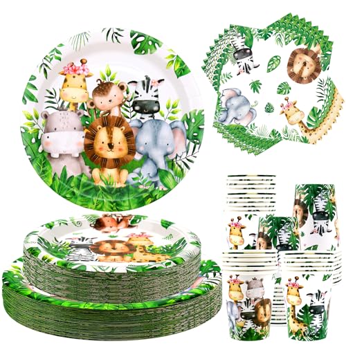 Safari Jungle Birthday Tableware Set - Decorazioni per il primo compleanno degli animali selvatici - 40 piatti piani, 40 bicchieri, 40 tovaglioli