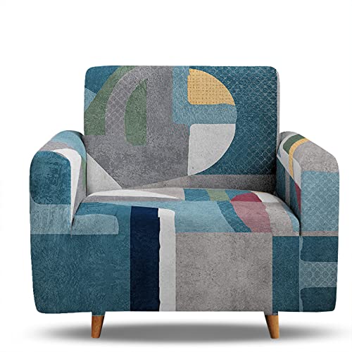 Hosima Geometric Irregularity Armchair Slipcover,Blue And Grey Sofa Covers For 1 Cushion Couch,Printed Stretch Armchair Cover Washable Chair Covers For Living Room,Small(35-55 Inch) #TOP10