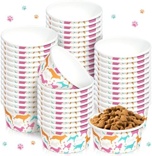 Mifoci 100 Pcs Disposable Dog Bowls 1.5 Cups Pets Disposable Feeding Bowls for Dogs and Cats Pets Paper Travel Bowls for Small Medium Dogs Cats Puppy Kitten Dry or Wet Serving Food Water (Bright)