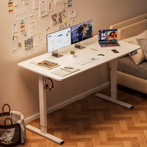 Alebert 昇降デスク 昇降式デスク 電動 幅140*奥行60*高73~118cm スタンディングデスク 上下昇降デスク オフィスワークテーブル 高さメモリー機能 静音 収納フック付き モニターアーム対応 パソコンデスク ゲーミングデスク オフィスデスク 電動 (ホワイト,幅140cm)