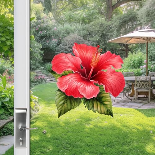 2 Pcs Premium Large Decals for Glass Doors, Storm Doors & Windows (Double-Sided) | Decorative Anti-Collision Clings for People, Pets & Birds | 8” x 7.5” - Hibiscus (for Glass Only)