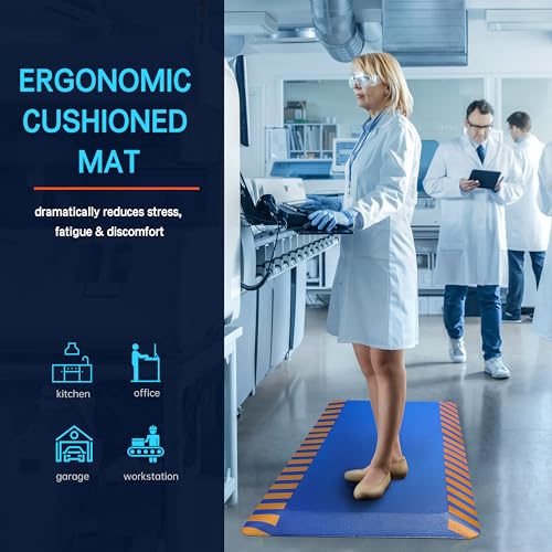 Image of FEATOL Anti Fatigue Mat Industrial, Ergonomic Standing Floor Mat for Work for Stand -Safety Support for Leg & Back Pain(Blue with Yellow Border, 17 inch x 24 inch, 1PC)