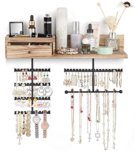 Vinaemo Jewelry Organizer Hanging Wall Mounted Jewelry Holder With Rustic Wood Drawer & Large Capacity Storage Shelf Rack Display For Earrings Rings Necklaces Bracelet #TOP7