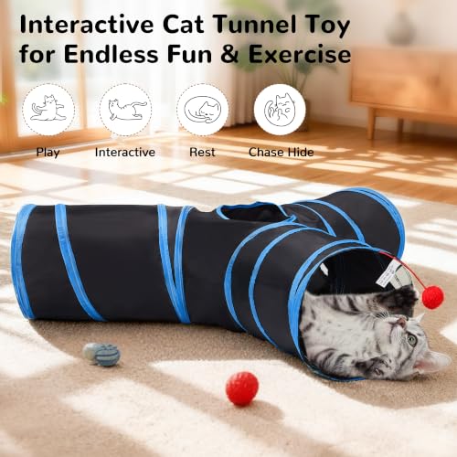 Image of Tempcore Cat Tunnel, 3-Way Collapsible Toy, Large Size Black & Royal Blue | Large Size 3-Way Cat Tunnel Provides More Room for Cats to Run, Hide and Chase, with Peek Holes, Hanging Ball and Teaser Wand