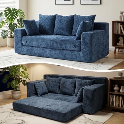 Winzoo Boneless Couches 70", 3 Seater Boneless Couch with Pull Out Sofa Bed, Boneless Couch with 5 Pillows, Plush Velvet Sofa for Living Room & Bedroom, Blue