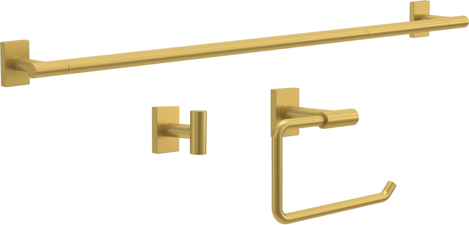 Franklin Brass Hartwell 3-Piece Bathroom Set Satin Gold 18" + 6" Towel Rack, Toilet Paper Holder/Hand Towel Holder, Hook | 3-Piece Bath Hardware Accessories Set HRT63-SG