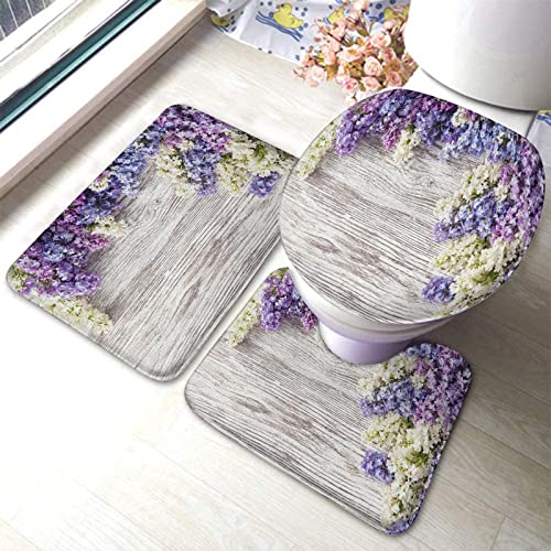 Badezimmerteppich-Set, 3-teilig, rustikaler lila Blumenstrauß-Druck, waschbare Badteppiche, rutschfest, mit Rückenpolster, Konturteppich und Toilettendeckelbezug