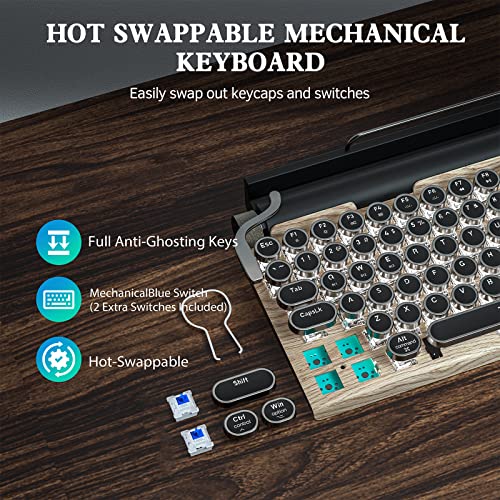 Retro Typewriter Keyboard Wireless, Mechanical Gaming Vintage Keyboard 83-Key Blue Switches Punk Round Keycap, 14 Modes Led Backlight, Type-C, Bluetooth 5.0，Compatible With Pc/Laptop/Pad/Phone, Wooden #TOP3