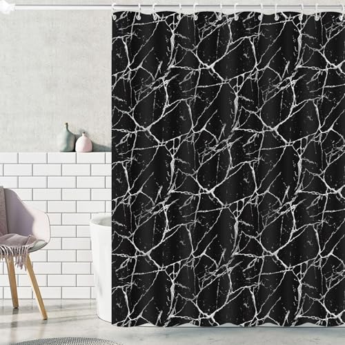BANLMEYD Black Shower Curtain 180x180cm Shower Curtains Mould Proof Resistant Premium PEVA Waterproof Shower Curtain for Wet Rooms Shower Bath Black Marble