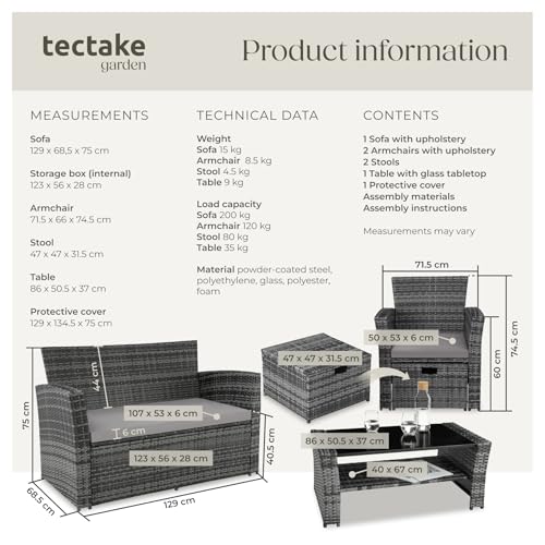 TecTake 800719 Rattan Seating Set 6 PCs, Sofa Seats Stools Table with Glass Top, UV-Resistant, Steel Frame, incl. Cushions + Protective Cover, ideal Garden Patio Outdoor - Image 8