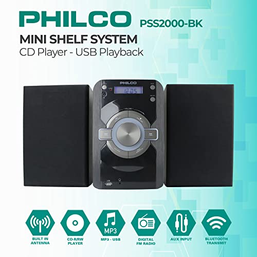 Philco Mini Stereo Shelf Systems CD Player with Digital FM Radio, Bluetooth Streaming, Remote Control in Black | LCD Display | 3.5mm Headphone Jack | MP3 & AUX Port Compatible | USB Playback - Thumbnail 2