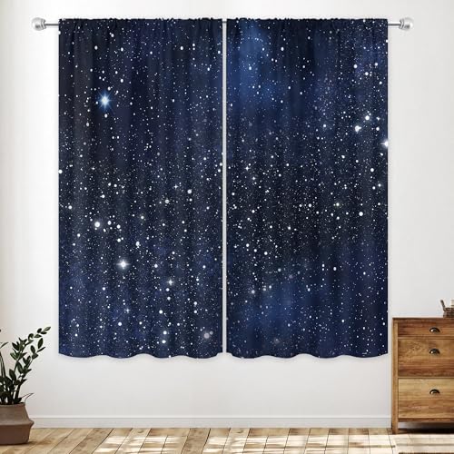 Riyidecor Blue Galaxy Curtains 42Wx63H Inch Starry Sky Stars Outer Space Fantasy Nebula Cosmic Universe Rod Pocket Planet Kids Boys Window Curtain Drapes for Bedroom Living Room Treatment 2 Panels