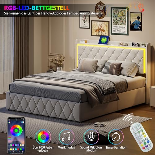 Lit coffre 160x200 LED RGB + USB-C en velours HYNHXBP