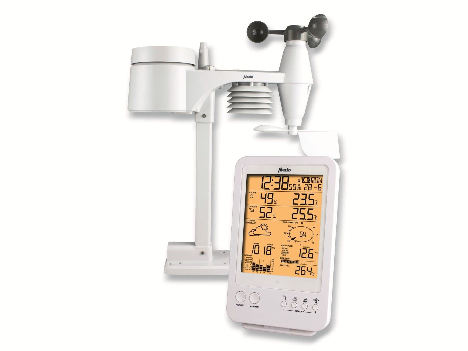 Alecto WS-4800 Wetterstation Funk mit Außensensor - Funkwetterstation - 5-in-1 - großes Display - speichert Messwerte - Funkuhr - Datumsanzeige - Mondphasen - weiß