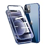 Jonwelsy Coque pour iPhone 12 (6,1'), d'adsorption Magnétique Pare-Chocs en métal avec 360 degrés Protection Case Double côtés Transparent Verre Trempé Etui Housse pour iPhone 12 (Bleu)