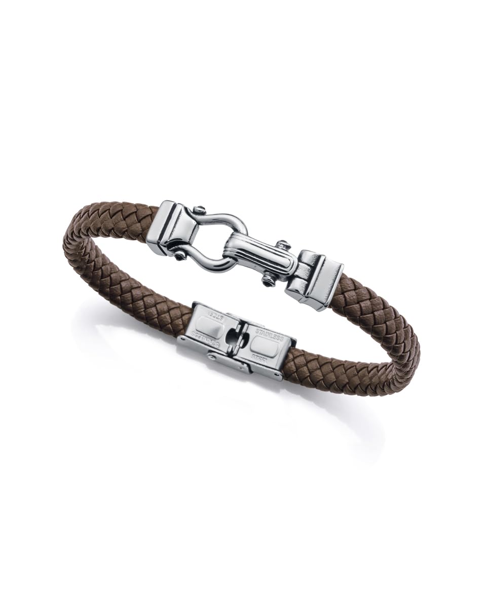 Viceroy Pulsera Hombre 14300P01011 - Acero y Piel Marrón Trenzada con Motivo de Grillete, Elegante y Moderna