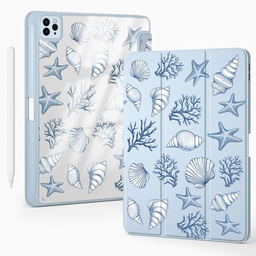 BlHMCASE Cute Sea Shell Conch for iPad Air 13 Inch Case M3 2025/M2 2024 with Pencil Holder, Auto Sleep/Wake, Blue Leather Clear Acrylic Back Cover by BlHMCASE - Used condition - US$34.36