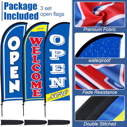 Image of Buryeah 3 Sets Now Open Feather Flag Banner for Business Advertising 7 Feet Tall Grand Opening Feather Flag Sign with Fiberglass Pole Kit Rotating Ground Spike and Portable Bag (Blue)