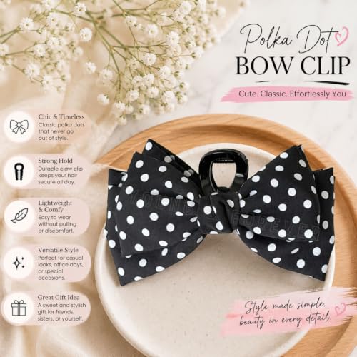 Image of Young & Forever Polka Dot Bow Hair Claw Clip for Women & Girls - Oversized Black and White Fabric Bow Hair Accessories for Thick Hair, Stylish French Hair Clips