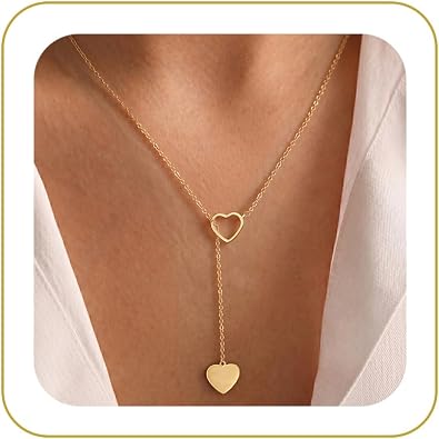 Tewiky Heart Lariat Necklace, 14k Gold Plated, Womens Fashion Jewelry, Gold Heart Pendant, 16 Inch Chain, Perfect for Parties, Weddings, Graduations