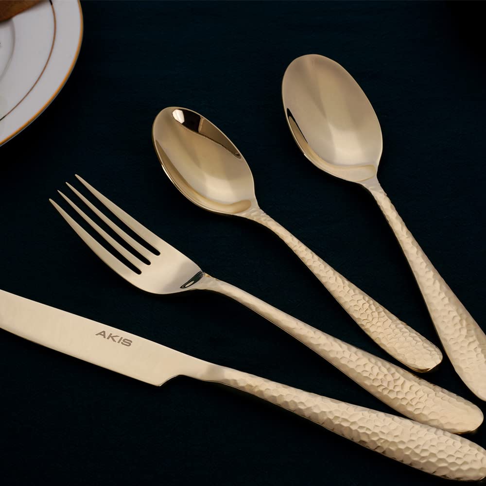 AKIS - Cubertería para 4 personas, 16 piezas, acero inoxidable, color dorado, con cuchillo, tenedor, cuchara, cubiertos de acero inoxidable de alta calidad, aptos para lavavajillas