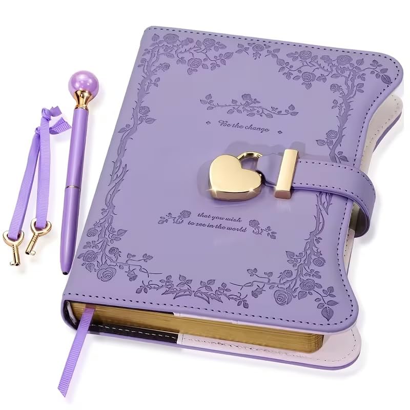 B6 Diary with Pen and Heart Lock, 360 Pages Fillable Journal for Secret Writing, Garden Floral Notebook for Travel Home Gift, Purple