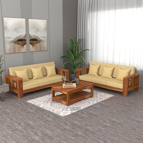 Image of Solid Sheesham Wood Sofa Set 6 Seater for Living Room | Wooden 6-Person Sofa Set for Home Office | 3+3 Sofa Sets for Living Room | (Honey Finish, 6 Seater)