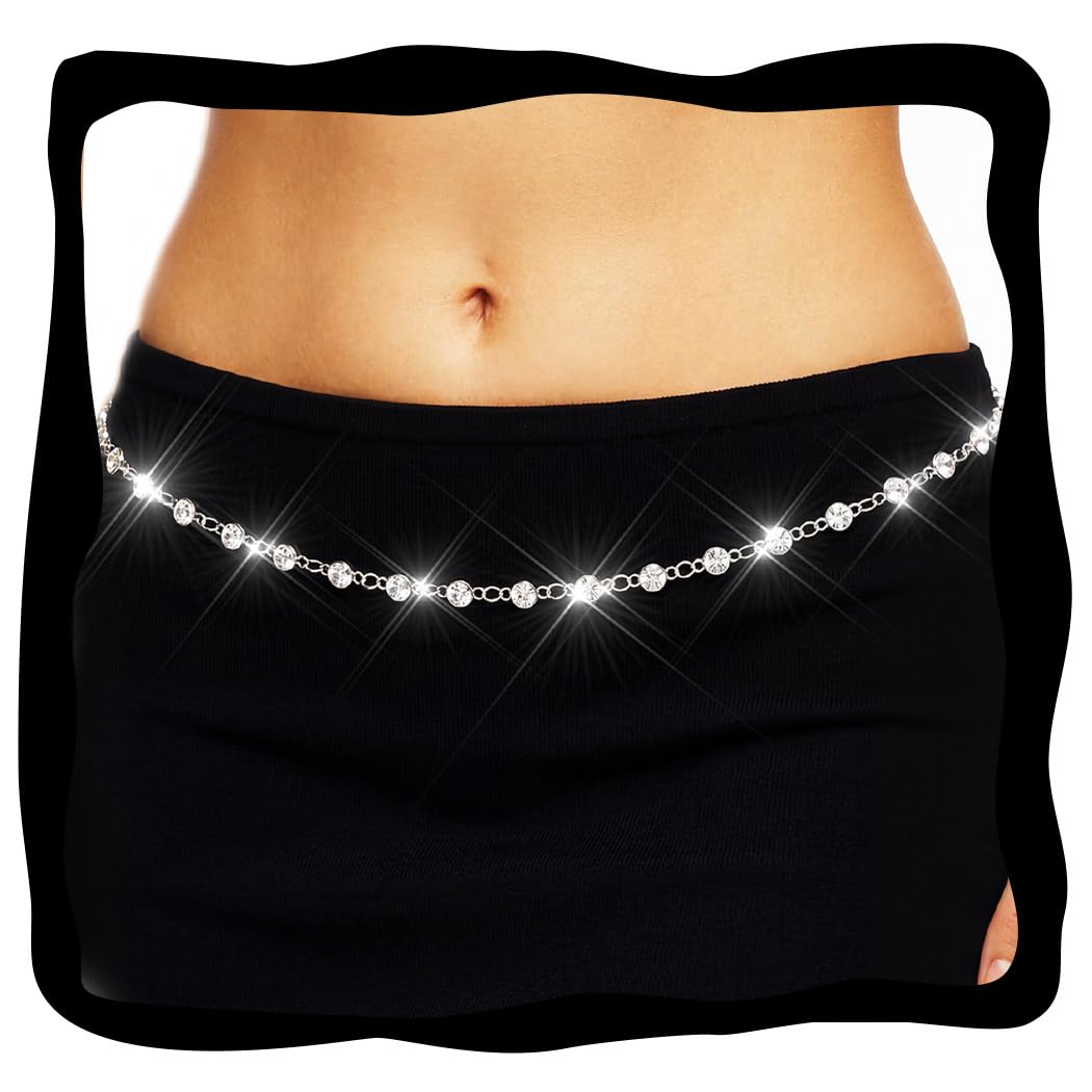 Rhinestone Belly Chain Silver Waist Chain Sparkly Body Jewelry for Women