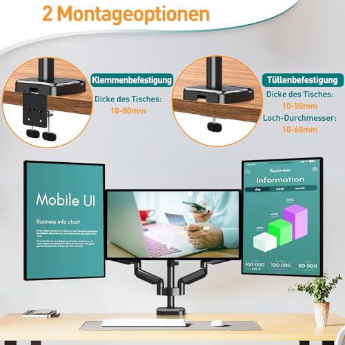ELIVED Monitor Halterung 3 Monitore für 13-27 Zoll Bildschirme bis zu 9kg mit VESA 75/100, Gasdruckfeder 3 Monitorhalterung, Neigbar Schwenkbar Drehbar Höhenverstellbar Monitor Arm EV006