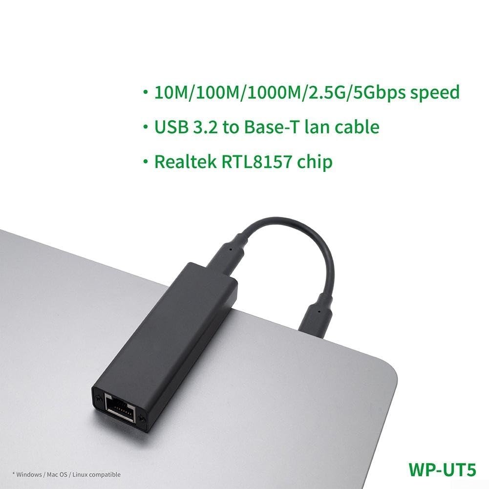 Adattatore Ethernet da USB 3.2 a 5GbE con chip Realtek RTL8157, scheda di rete ad alta velocità da 5 Gbps per 11, per Linux, design con cavo diviso in nylon, nero