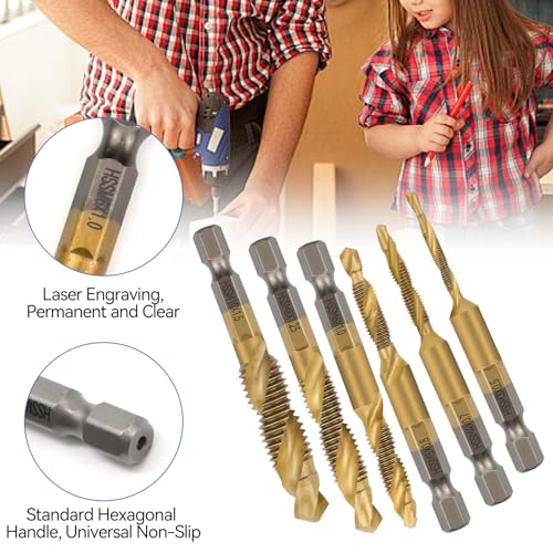 MISIQIMA 6 teilig Gewindeschneider Set, HSS Gewindebohrer Set M3 M4 M5 M6 M8 M10, 1/4 Zoll Metrischer Sechskantschaft Maschinengewindebohrer für Holz, Metall und Kunststoff