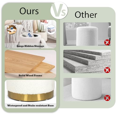 Joveco Boucle Round Ottoman with Storage,Vanity Stool with Storage for Bedroom, Ottoman Coffee Table,Small Boucle Foot Stool for Living Room, White with Gold Plating Base - Thumbnail 7