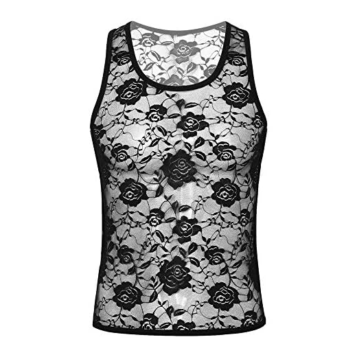 Sexig underkläder päls Dam bodysuit Sexig herr stretchig blommig spets muskel T-shirt Undertröja Linne Musikfestivaler Fest Rave Outfit Fritidskläder-Svart_M