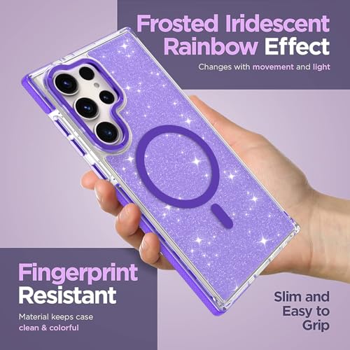 Image of Magnetic Case for Samsung Galaxy S22 Ultra [Compatible with Magsafe] [Bling Glitter Fluorescent Design] [1 Screen Protector] Slim Translucent Matte Case for Galaxy S22 Ultra 6.8 inch, Purple