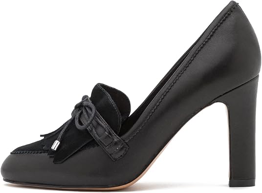 MOOMMO Women High Chunky Heel Loafers Bow & Fringe Pumps Closed Round Toe Slip On Tassel Loafers 3 Inch Block Heel Suede Oxford Shoes for Office Ladies Work Business Party Dress Shoes Spring 4-11 M US