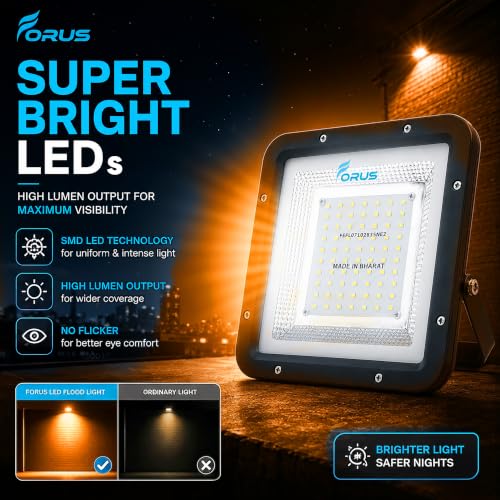 Image of Forus 50W LED Flood Light Outdoor, IP67 Waterproof Wall Mounted Outside Light, High Bright Amber LED Flood Light for Parking, Society, Industrial & Flood Lighting with 4 Year Warranty (1 Pc)