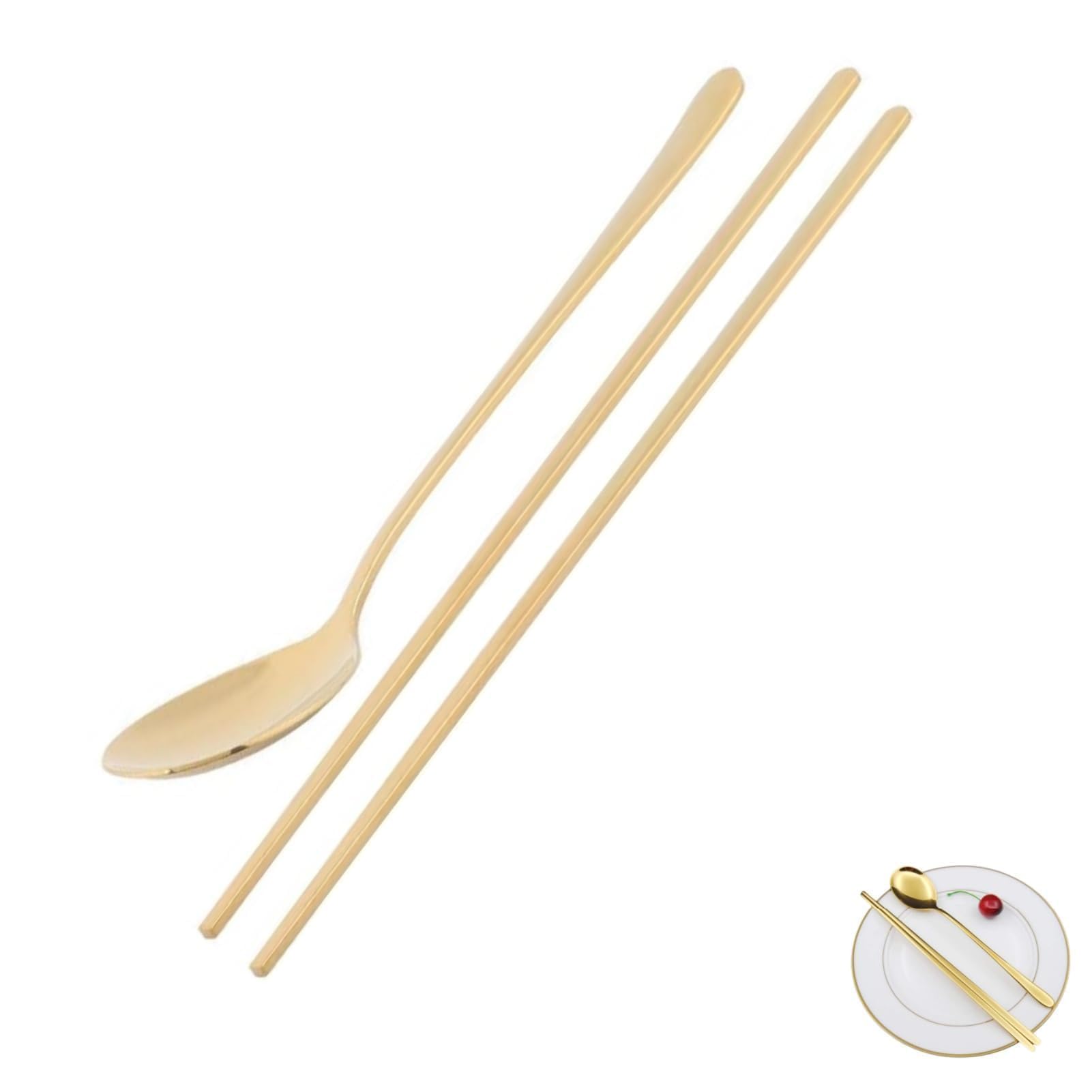 Baguettes et cuillère dorées en inox pour remplacer définitivement les couverts jetables