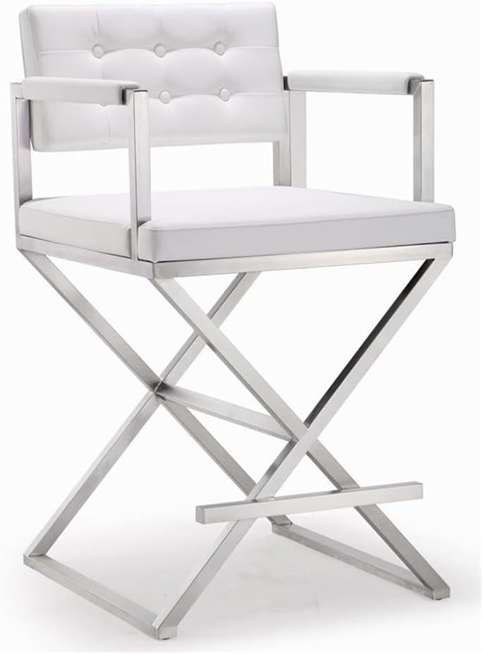 Tov Furniture The Director Collection Stainless Steel Metal Leather Upholstered Industrial Modern Counter Stool with Back & Arms, White