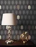 NEWROOM Tapete Schwarz Vliestapete Ornamente - Mustertapete Geometrisch Silber Gold Feder Blätter Retro Grafisch 50er Art Glamour inkl. Tapezier-Ratgeber
