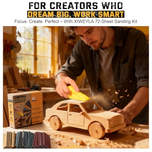 XIWEYLA 72PCS Premium Sandpaper Set with Ergonomic Hand Sander &ndash; Micro Sander & Detail Sander Sanding Sheets, 13 Grit Levels 80&ndash;3000, Color-Coded Sandpaper for Wood, Crafts, DIY & Furniture Projects